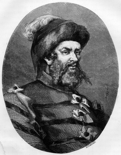 Portrett av Philippe Guillery (Guilleri) (1566-1608) Fransk brigand - Gravering av Leon Bailly fra 1863 i "" Le Livre Rouge - Histoire De L