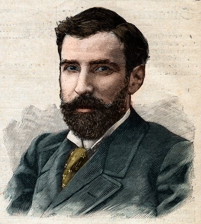 Portrett av Pietro Paolo Savorgnan de Brazza eller Pierre Paul Francois Camille Savorgnan de Brazza på fransk (1852-1905) generalguvernør i Fransk Kongo. Gravering i "" Le Petro Parisien "" av Anonymous Anonymous