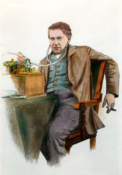 Portrett av Thomas Edison (1847-1931), amerikansk fysiker. Gravering omkring 1900. Privat samling av Anonymous Anonymous