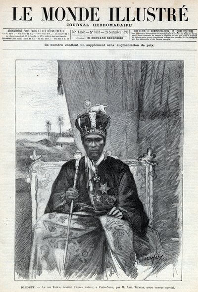 Portrett av Tofa I (Toffa) (ca. 1850-1908), konge av Dahomey (Benin) til Porto Novo (Porto-Novo). En avis. Gravering i “Le monde illustree”” fra 1892. Privat samling. av Anonymous Anonymous
