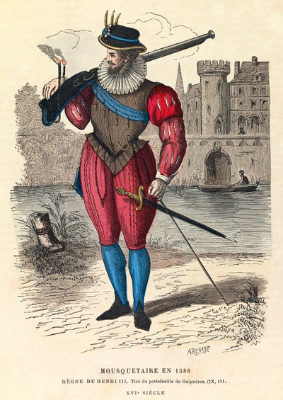 Portrett av en musketer i 1586 i Paris (under kong Henry IIIs regjeringstid), gravering, privat samling - Musketer i Paris av Anonymous Anonymous