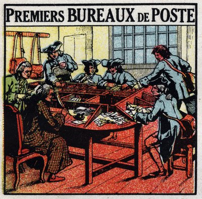 Postkontor: første postkontor i Paris på 1700-tallet. Anonym illustrasjon fra 1925. Privat samling. av Anonymous Anonymous