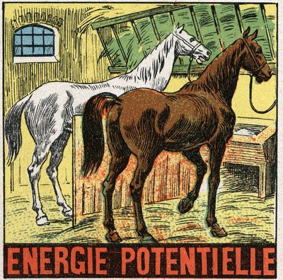 Potential energy: horses resting in a stable. Anonymous illustration from 1925. Private collection. av Anonymous Anonymous