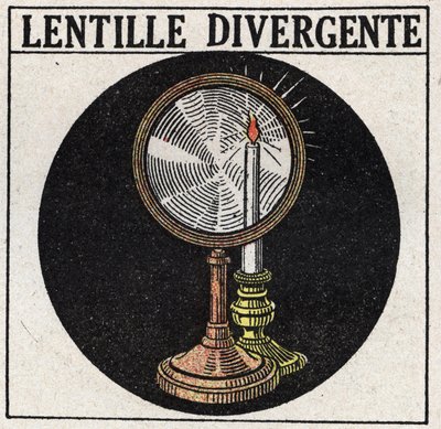 Prismer og linser: divergerende linse. Anonym illustrasjon fra 1925. Privat samling. av Anonymous Anonymous