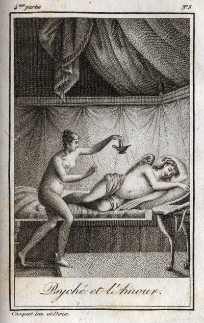 Psyche and Cupid-gravering fra 1819 i "Letters to Emilie on Mythology" av Charles Albert Demoustier (1760-1801). Privat samling. av Anonymous Anonymous