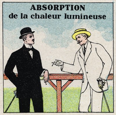Radiation and conductibility: different light heat absorption depending on the colour of the clothing. Anonymous illustration from 1925. Private collection. av Anonymous Anonymous