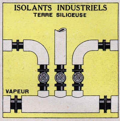 Radiation and conductibility: industrial insulation. We surround the pipes with siliceous earth bricks. Anonymous illustration from 1925. Private collection. av Anonymous Anonymous