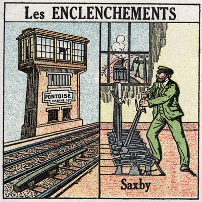 Jernbaner: sammenlåsende. En jernbane som bruker en Saxby-stasjon med individuelle spaker. Anonym illustrasjon fra 1925. Privat samling. av Anonymous Anonymous
