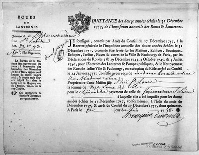 Kvittering fra skattekontoret angående betaling av skatter for gjørme og lykter, datert desember 1757. av Anonymous Anonymous