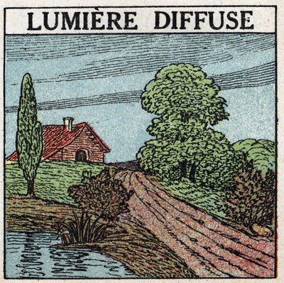 Reflection of light: diffused light is the light that illuminates bodies. Anonymous illustration from 1925. Private collection. av Anonymous Anonymous