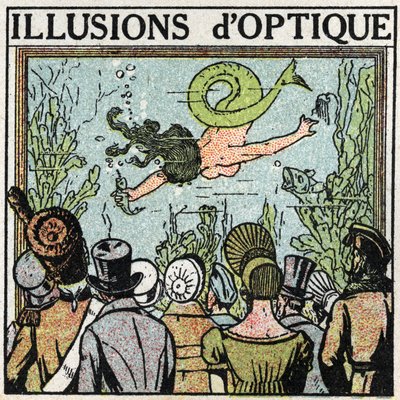 Refleksjon av lys: optisk illusjon. Bruke en iskrem for å gi en illusjon av en kvinne fisk. Anonym illustrasjon fra 1925. Privat samling. av Anonymous Anonymous