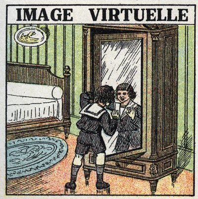 Refleksjon av lys: virtuelt bilde. Et barn som vurderer sin refleksjon i et speil. Anonym illustrasjon fra 1925. Privat samling. av Anonymous Anonymous