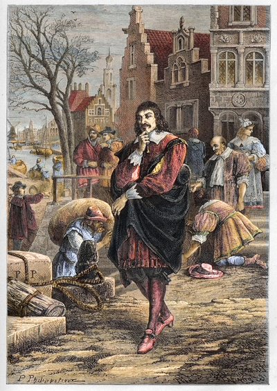 Rene Descartes (1596-1650), fransk filosof og matematiker som går gjennom gatene i Amsterdam - Descartes i Amsterdam - gravering fra "" L