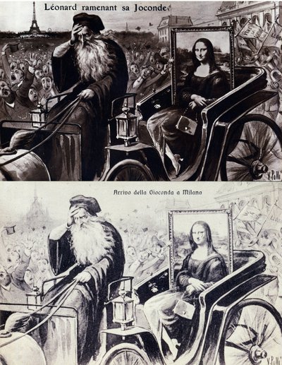 Representasjon av Leonard de Vinci (Leonardo da Vinci) (1452-1519) som bringer tilbake hans verk "" The Mona Lisa"" (Mona Lisa, Monna Lisa) etter tyveriet av verket av Vincenzo Peruggia (1881-1925) som fant sted den 21.08.1911. Komedie  av Anonymous Anonymous