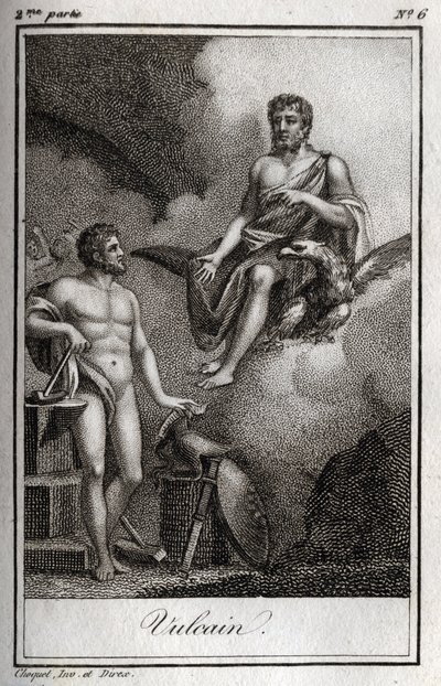 Representation of Vulcan, god of fire, forge and volcanoes. (Vulcan, god of fire and volcanoes). Engraving from 1819 in “Lettres a Emilie sur la mythologie” by Charles Albert Demoustier (1760-1801). Private collection. av Anonymous Anonymous