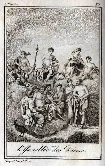 Representation of the Assembly of the Gods on the mount Olympus or Twelve Olympians. Engraving from 1819 in “Lettres a Emilie sur la mythologie” by Charles Albert Demoustier (1760-1801). Private collection. av Anonymous Anonymous