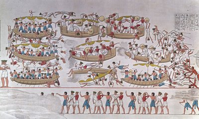 Representasjon av slaget ved Nildeltaet mellom Armees of Ramses III og Peoples of the Sea» Fra et relieff til begravelsestempelet til Medinet Habou, Egypt av Anonymous Anonymous