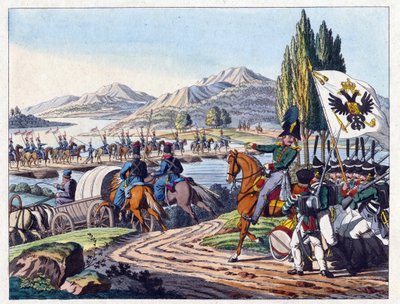 Russisk hær krysser Pruth-elven inn i Moldavia i mai 1828 - Anonym - 1829 - Etsning, akvarell - 37,9x24,4 - Privat samling av Anonymous Anonymous