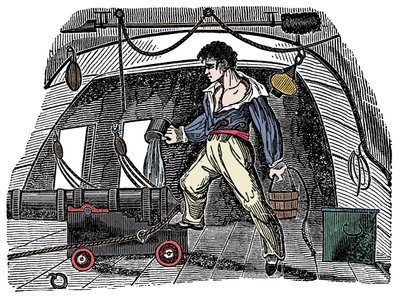 Sabotasje: En sjømann som kaster vann på krutt Gravering fra Charles Ellms «The Pirates Own Book» av Anonymous Anonymous