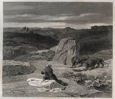 Den hellige Antonius Abbe (den hellige Antonius den store (250/251-356) (eller den hellige eremitten Antonius) begravde den hellige Paulus av Theben i ørkenen. Gravering fra 1846 i “” Helgenernes liv””. Privat samling. av Anonymous Anonymous