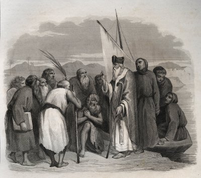 Den hellige Athanasius av Alexandria (Athanasius den store) (295-373) på besøk hos de ensomme i Egypt. Gravering fra 1846 i "" Lives of the saints"". Privat samling. av Anonymous Anonymous