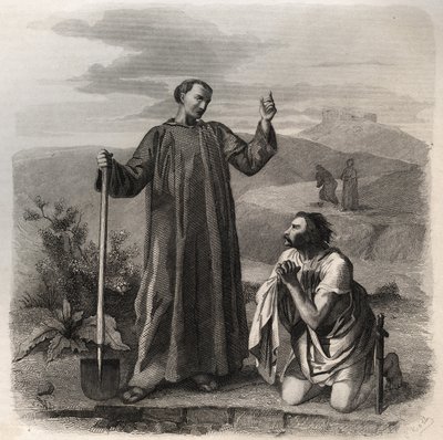 Saint Benedict of Nursia ønsker Totila (6. århundre) kongen av østgoterne velkommen. Gravering fra 1846 i "" Lives of the saints"". Privat samling. av Anonymous Anonymous