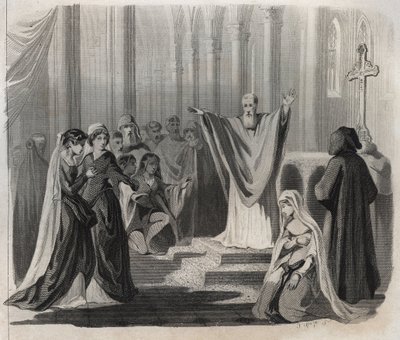 Saint Dunstan (ca. 909-988), eveque av Canterbury, benediktiner og reformator av klosterlivet i England, kunngjorde sin forestående død til folket. Gravering fra 1846 i "" Lives of the saints"". Privat samling. av Anonymous Anonymous