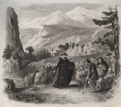 Saint Francois-de-Sales (Saint Francois de Sales) (1567-1622), eveque av Genève på et pastoralt besøk. Gravering fra 1846 i "" Lives of the saints"". Privat samling. av Anonymous Anonymous