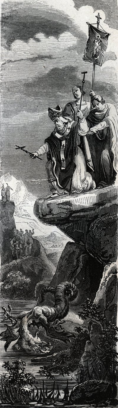 Saint Front (første evangelist av Perigord) (3. århundre) utfeller dragen i Dordogne - Gravering av 1846 i "" Lives of the saints""". Privat samling. av Anonymous Anonymous