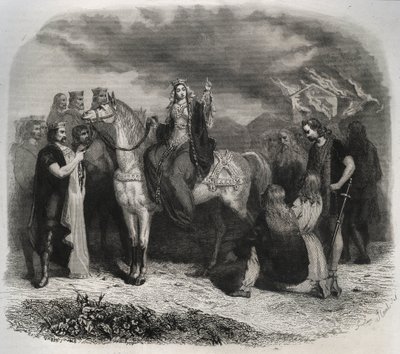 Saint Radegonde (Radegonde de Poitiers, 519-587) brente et Paian-tempel og konverterte gallerne til den kristne religionen. Gravering fra 1846 i "" Lives of the saints"". Privat samling. av Anonymous Anonymous