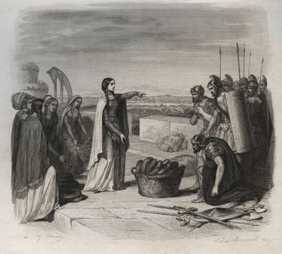 Sainte Genevieve delte ut mat til folket under beleiringen av Paris av hæren til Huns of Attila i 451 (barbariske invasjoner). Gravering fra 1846 i "" Lives of the saints"". Privat samling. av Anonymous Anonymous