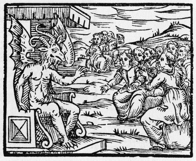 Satan henvender seg til trollmenn - "Compendium Maleficarum", tar for seg hekser, deres ondskap og deres sorteringer av Francesco Maria Guazzo eller Guaccio eller Guaccius (15?? -16??) 1608 Private Collection av Anonymous Anonymous