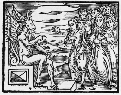 Satan krever en pakt av de nye trollmennene - "Compendium Maleficarum", tar for seg hekser, deres ondskap og deres sortileges av Francesco Maria Guazzo eller Guaccio eller Guaccius (15?? -16??) 1608 Private Collection av Anonymous Anonymous