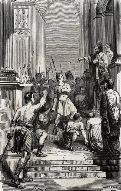 Saturnin av Toulouse (Saint Sernin, første kristne eveque av Toulouse) (3. århundre) stoppet ved hovedstaden i Toulouse - Gravering av 1846 i "Lives des saints"". Privat samling. av Anonymous Anonymous