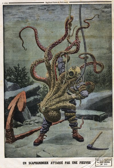 Scaphandler angrepet av en blekksprut. Gravering i "" Le petit Journal"", 16.06.1912. Privat samling. av Anonymous Anonymous