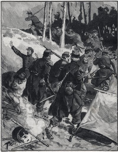 Scene i romanen av Emile Zola (1840-1902) "The Debacle"". Gravering i "" Le petit parisien"" 28.02.1892. Privat samling av Anonymous Anonymous