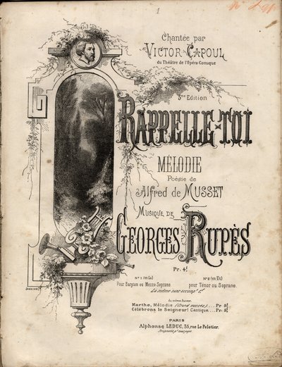 Partitur av "" husk-se"" melodi av Georges Rupes etter en dikt av Aldre de Musset. Privat samling. av Anonymous Anonymous