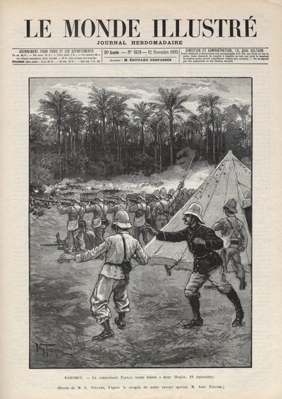 Andre Dahomey-krig (1892-1894): den franske sjefen Faurax død under slaget ved Dogba 19. september 1892 i Dahomey (nå Benin). En avis. Gravering i “Le monde illustree”” fra 1892. Privat samling. av Anonymous Anonymous