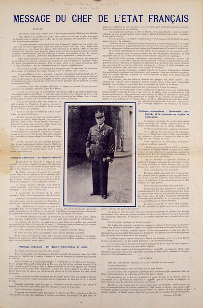 Andre verdenskrig og Vichy-regimet: melding fra det franske statsoverhodet Philippe Petain publisert etter våpenhvilen undertegnet av Frankrike i juni 1940 og presenterer programmet for den nasjonale revolusjonen, høsten 1940. Privat samling av Anonymous Anonymous