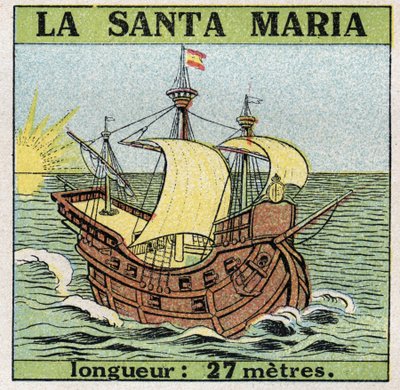 Skip og skip: Santa Maria, karavel av Christopher Columbus (1451-1506) da han oppdaget Amerika i 1492. Anonym illustrasjon fra 1925. Privat samling. av Anonymous Anonymous