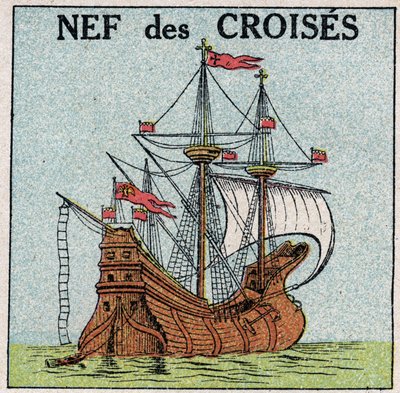 Skip og skip: kongeskipet "Montjoie" til kong Saint Louis (1214-1270) under korstogene. Anonym illustrasjon fra 1925. Privat samling. av Anonymous Anonymous