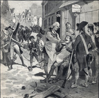 Siege of Lille in 1792: Maes wig using a bomb shatter as a beard dish to shave a client. Engraving in “” Le petit parisien”” on 16/10/1892. Private Collection av Anonymous Anonymous