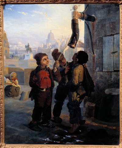 Liten skorsteinspipe forvansket til vannet i en pumpe på Quai du Louvre i 1830 Anonymt maleri. 1830 søn. 0,45x0,38 m av Anonymous Anonymous