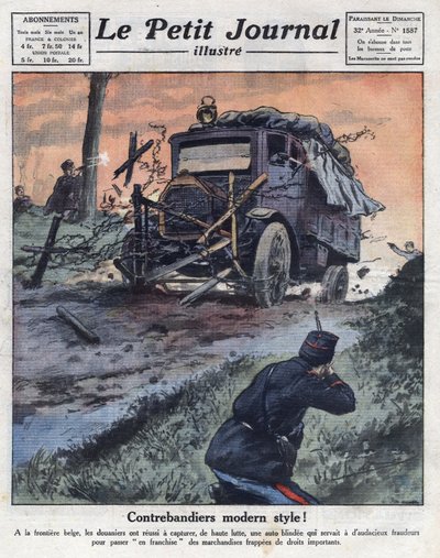 Smuglere ombord i en pansret bil lastet med tobakkspakker krysset den belgiske grensen med makt og ble nøytralisert av tollere. Illustrasjon hentet fra "" Le petit journal illustrious""" av 22.05.1921. Privat samling av Anonymous Anonymous