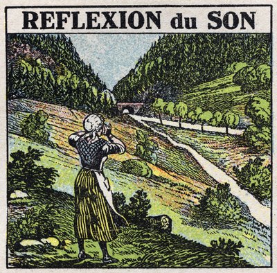 Sound energy: reflexion of sound by echo phenomene. Anonymous illustration from 1925. Private collection. av Anonymous Anonymous