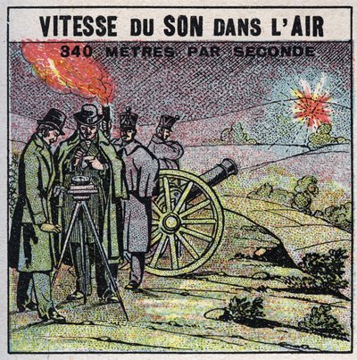 Lydenergi: lydens hastighet i luften. Erfaring fra 1822 av Louis-Joseph Gay-Lussac (Louis Joseph Gay Lussac) (1778-1850) og Francois Arago (1786-1853) som avfyrte en serie kanonskudd mellom Montlhery og Villejuif. Anonym illustrasjon fra 1925 av Anonymous Anonymous