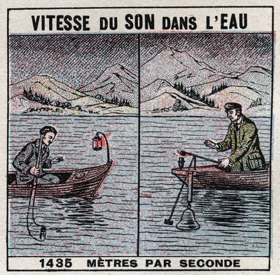 Sound energy: speed of sound in water. Experience of 1826-1827 by Jean Daniel (Jean-Daniel) Colladon (1802-1893) and Charles Francois Sturm (1803-1855) on Lake Geneva (Leman Lake). Two boats moored 14 km apart, one of the boats supported a bell, a hammer h av Anonymous Anonymous