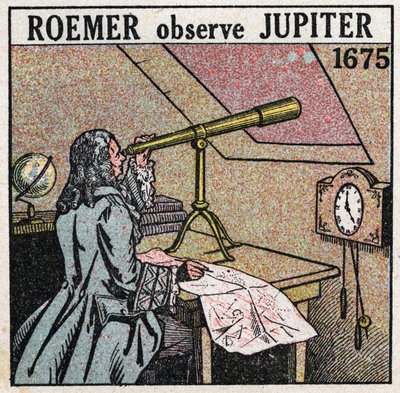 Lysets hastighet: Den danske astronomen Ole Christensen Romer (Olaus Roemer) (1644-1710) observerer formørkelsene til Jupiters satellitter i 1675-1676 og bruker dem til å måle lysets hastighet. Anonym illustrasjon fra 1925. Privat samling. av Anonymous Anonymous