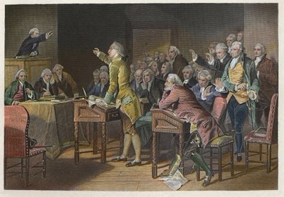 Stamp Act (Duties in American Colonies Act) - Den amerikanske revolusjonslederen Patrick Henry (1736-1799) uttalte seg mot Stamp Act i Virginia House of Burgesses i 1765 - Tale av Patrick Henry mot Stamp Act i 1765 før House of av Anonymous Anonymous
