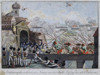 Storming av byen Leipzig av de allierte troppene - bataille de Leipzig ou bataille des nations (16-19 oktober 1813) - Anonym - 1813 - Etsning, akvarell - 33,3x27 - Privat samling av Anonymous Anonymous